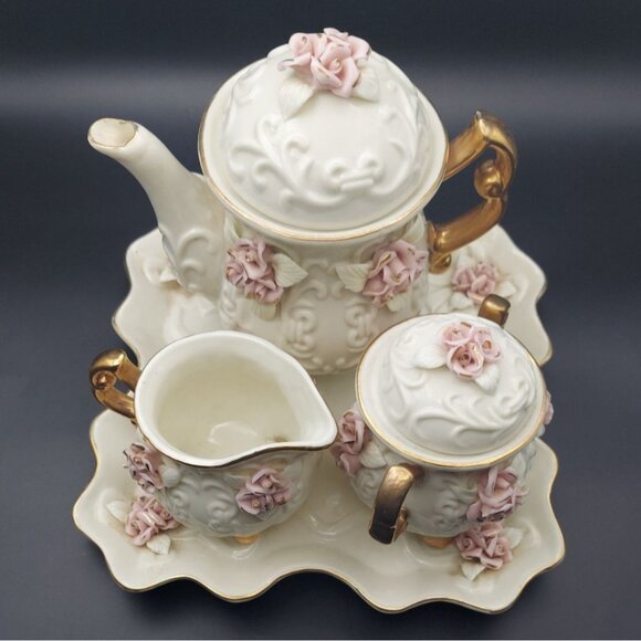 Cracker Barrel 6-Piece Porcelain Capodimonte Tea Set Gold Accents Pink Roses - Picture 2 of 14